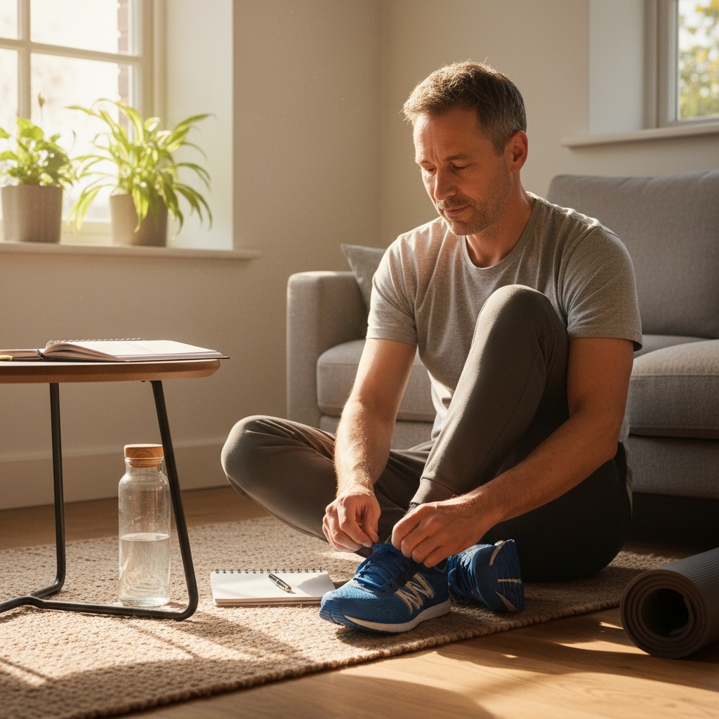 Man in his 40s taking practical action to break free from feeling stuck - journaling and preparing for positive change