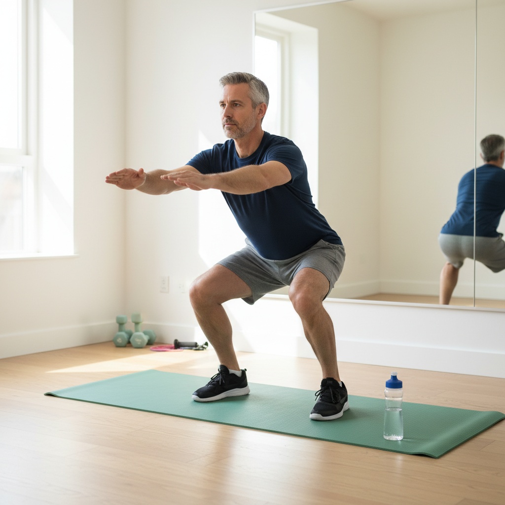 Man over 40 demonstrating proper squat form for injury prevention with bodyweight exercise technique