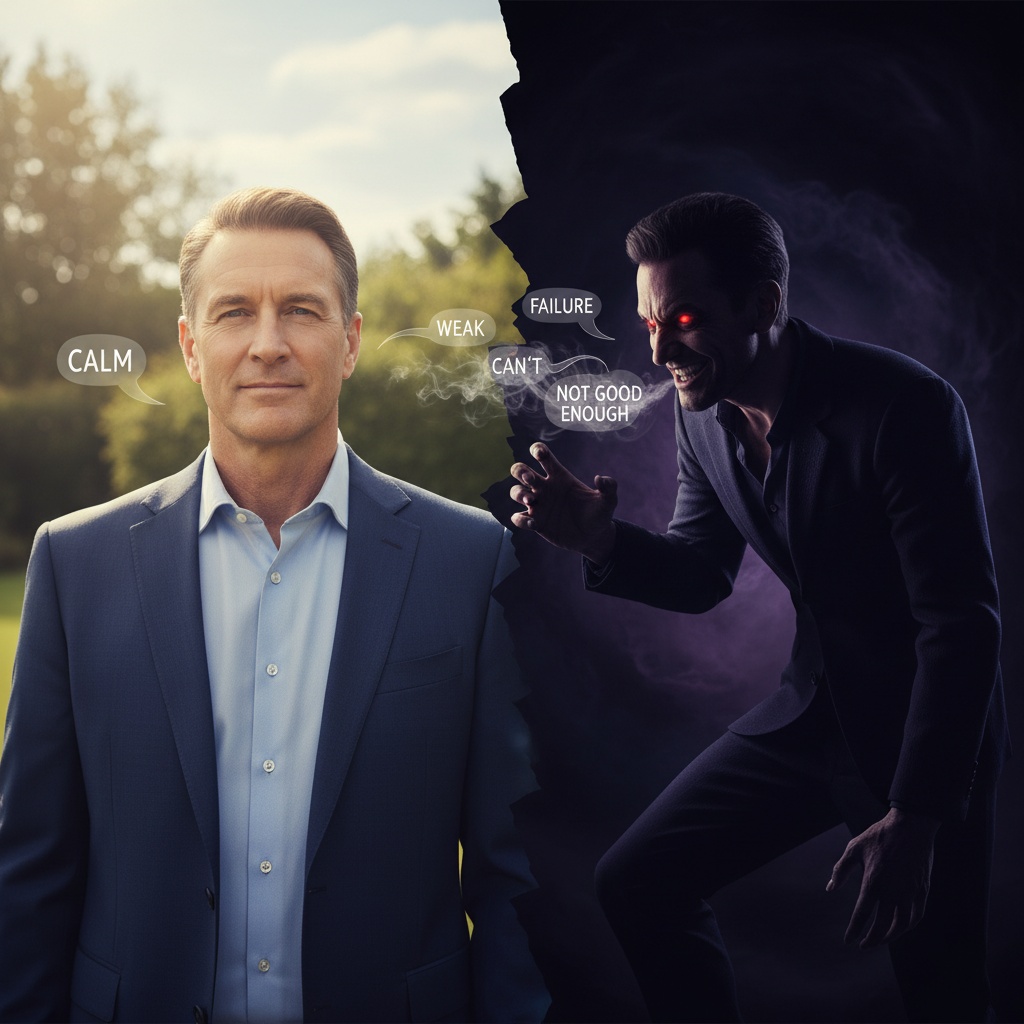 Visual representation of a man's inner critic and negative self-talk showing internal mental conflict