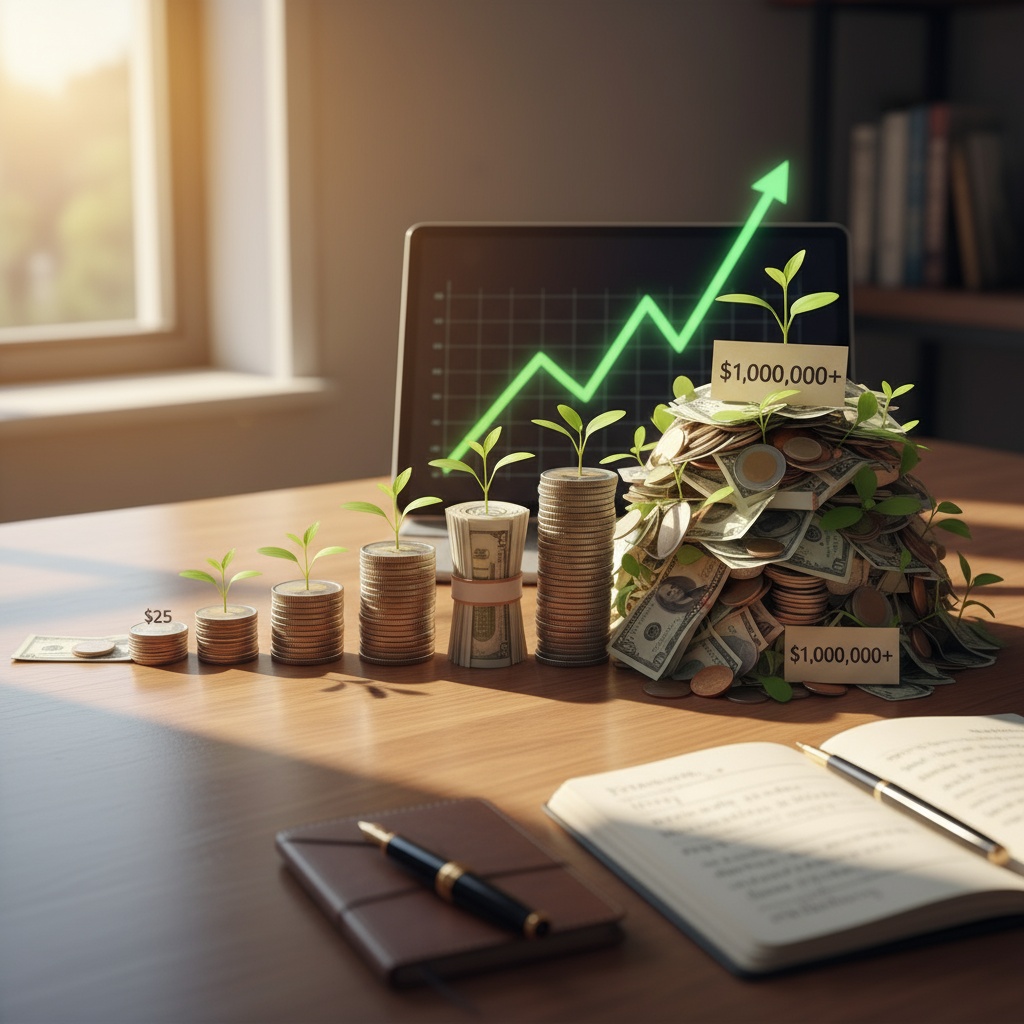Ascending stacks of coins with plant growth representing compound interest and investment progression over time