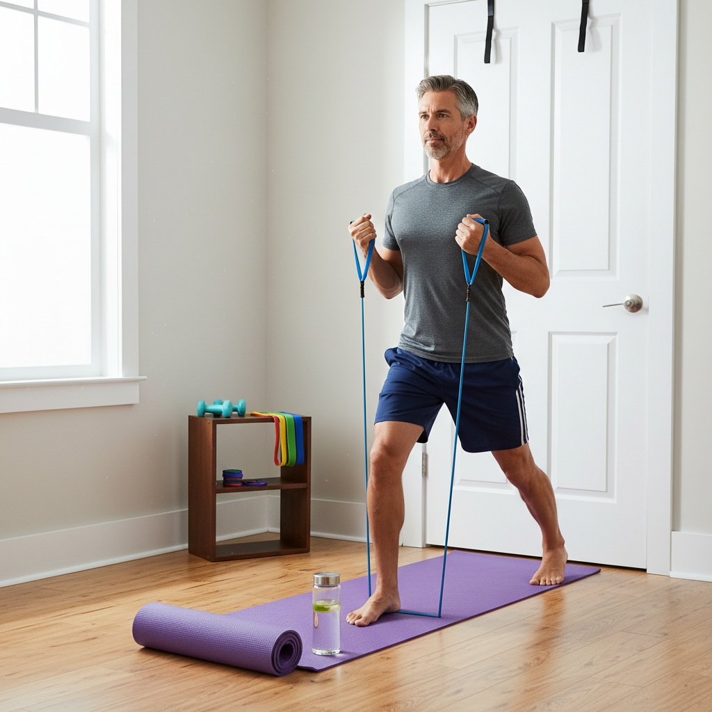 Man over 40 performing resistance band rows in home gym demonstrating joint-friendly strength training routine