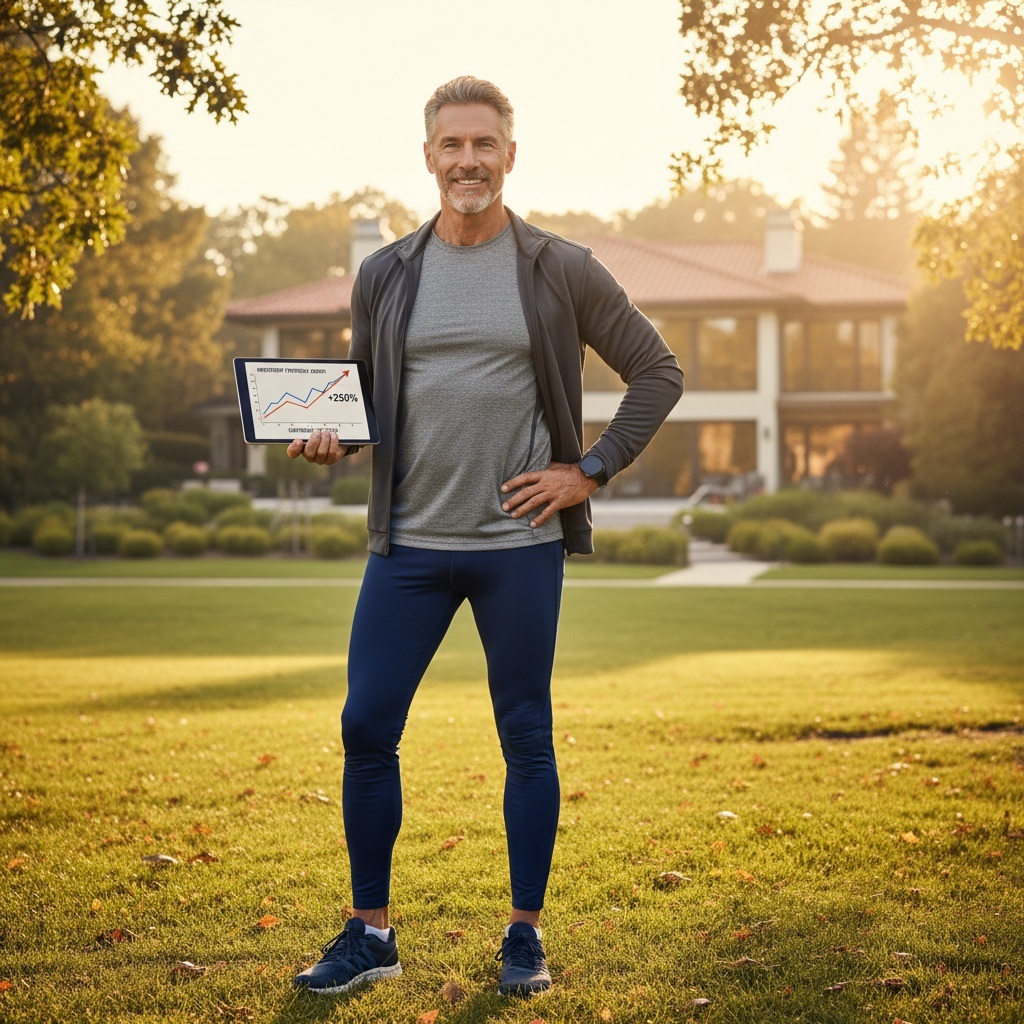 Healthy vibrant man in his 60s showing long-term results of consistent wellness and financial habits