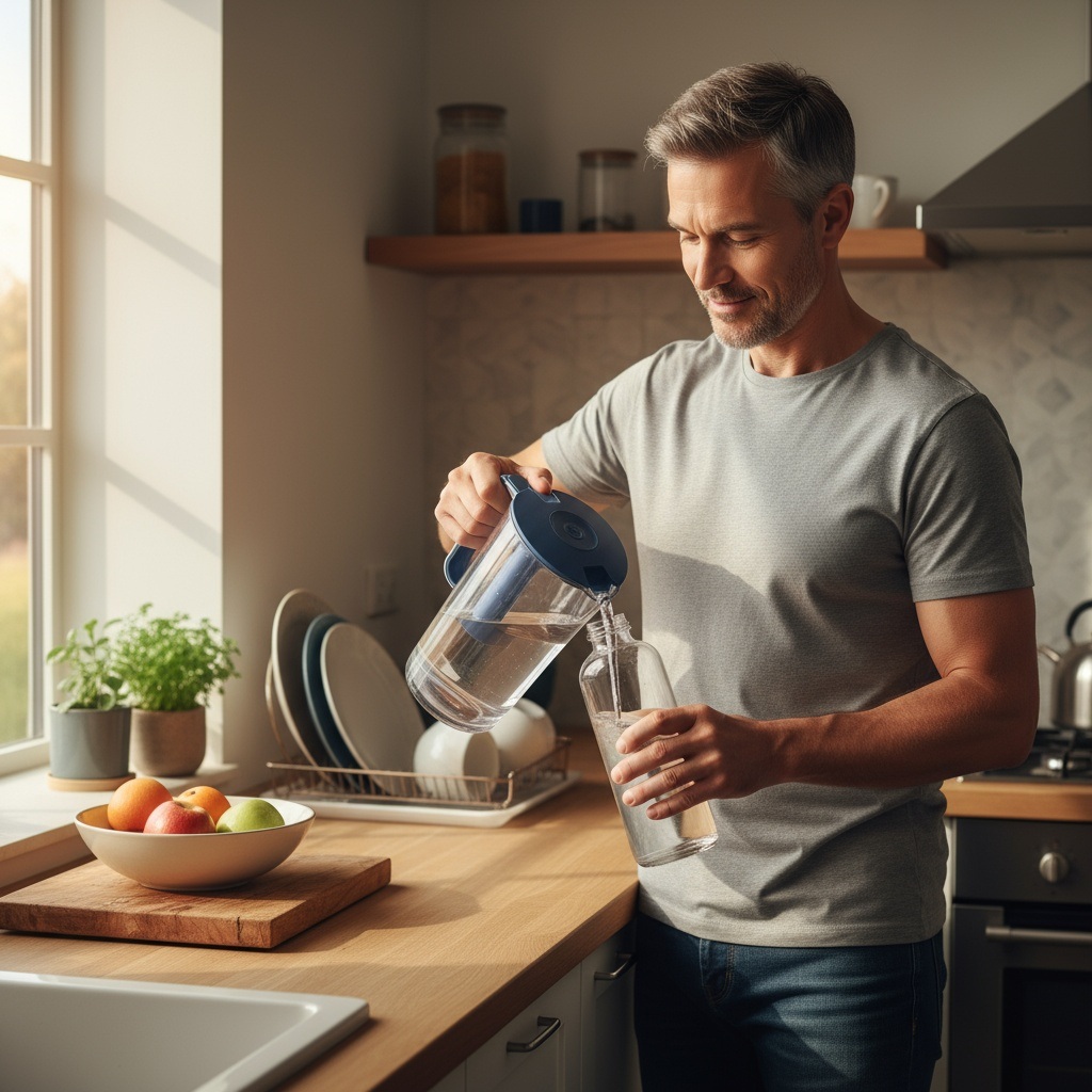 Man in his 40s filling reusable water bottle with filtered water as part of daily wellness routine