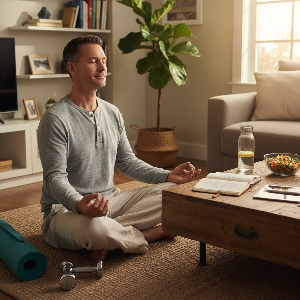 Man in his 40s practicing meditation at home with fitness equipment and wellness items showing holistic health approach