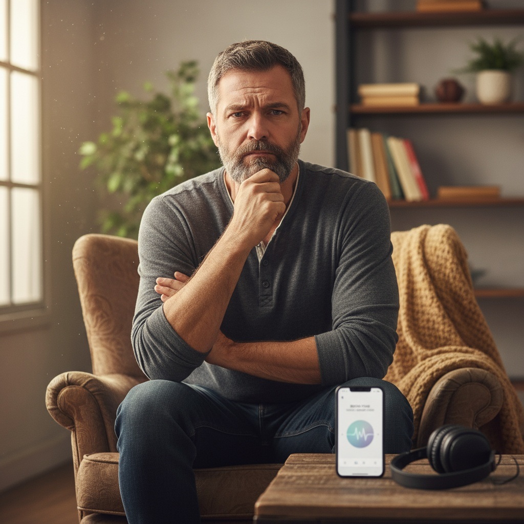 Skeptical man in his 40s with thoughtful expression considering trying meditation at home