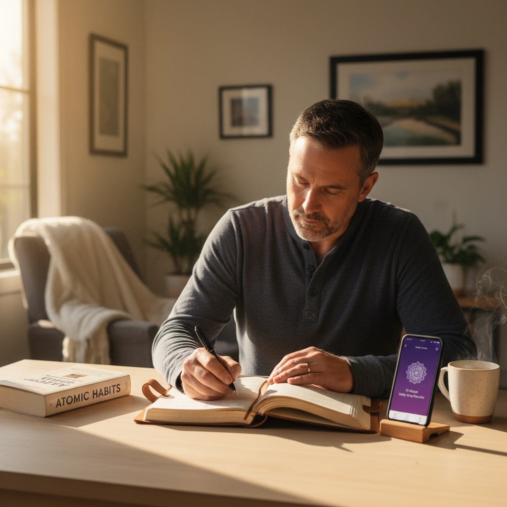 Man in his 40s journaling in morning light with meditation app, mindset books, and planner showing affordable mental wellness tools