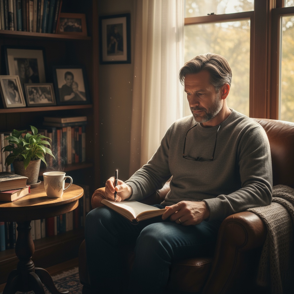 Man in his 40s building mental resilience through self-reflection and emotional awareness - key lessons from Daring Greatly for midlife men