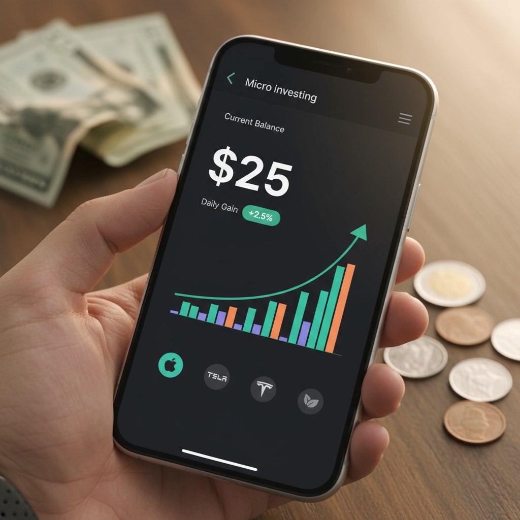 Mobile investment app showing $25 minimum deposit with upward growth chart - beginner-friendly investing