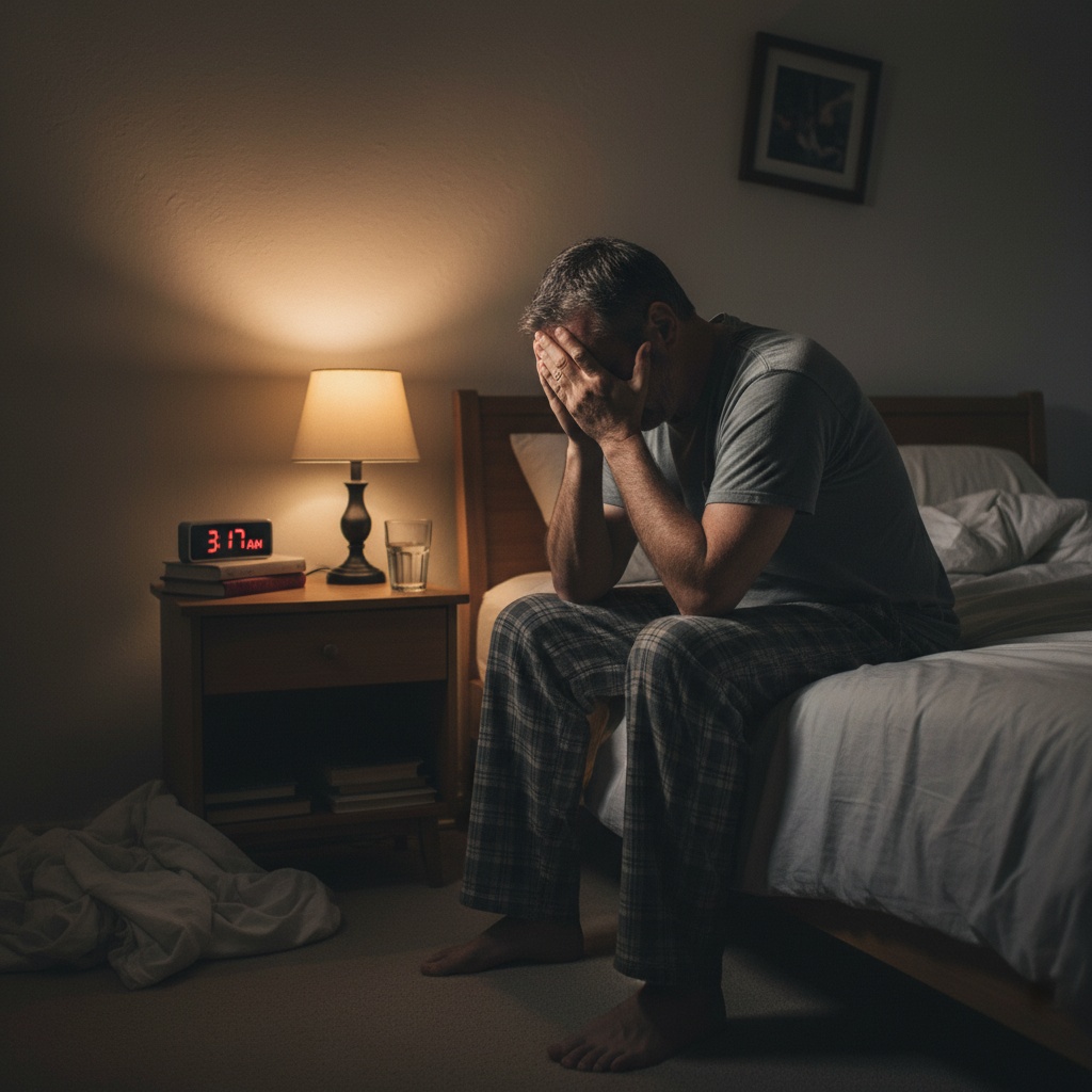 Man in his 40s experiencing self-doubt and stress late at night reflecting on midlife challenges