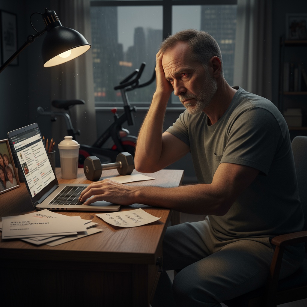 Man in his late 40s feeling overwhelmed by life pressures, career concerns, and self-doubt in home setting