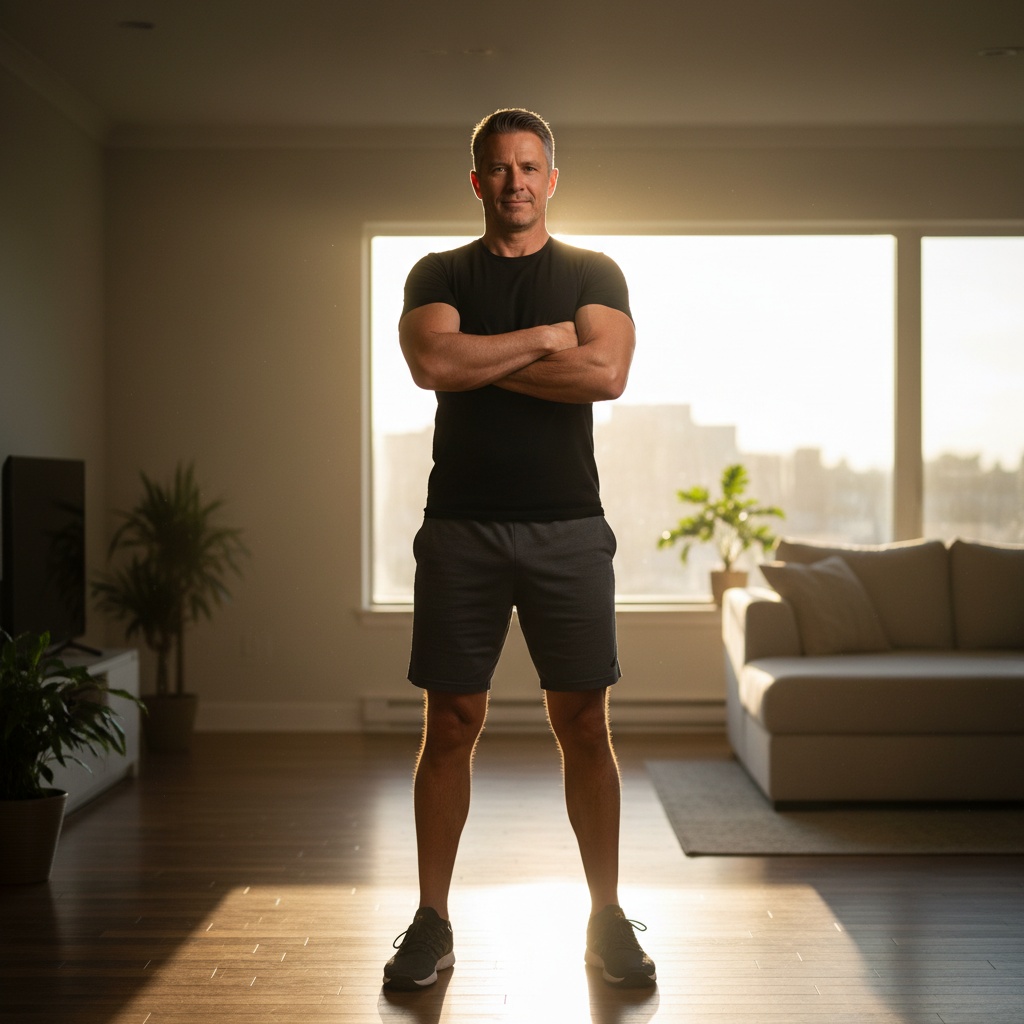 Confident man in his 40s ready to start home workout journey showing determination and empowerment with no excuses