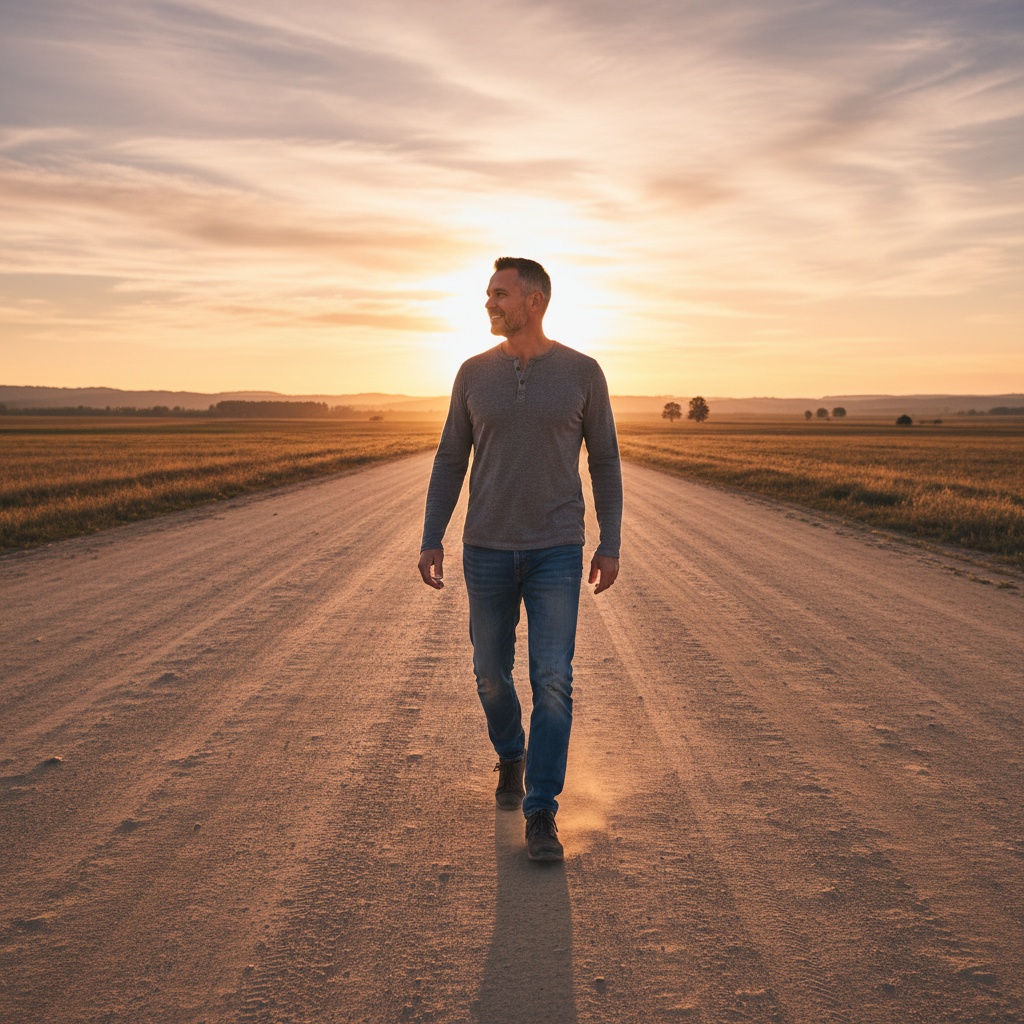 Man in his 40s walking confidently forward on open path - breaking free from feeling stuck and moving toward a hopeful future