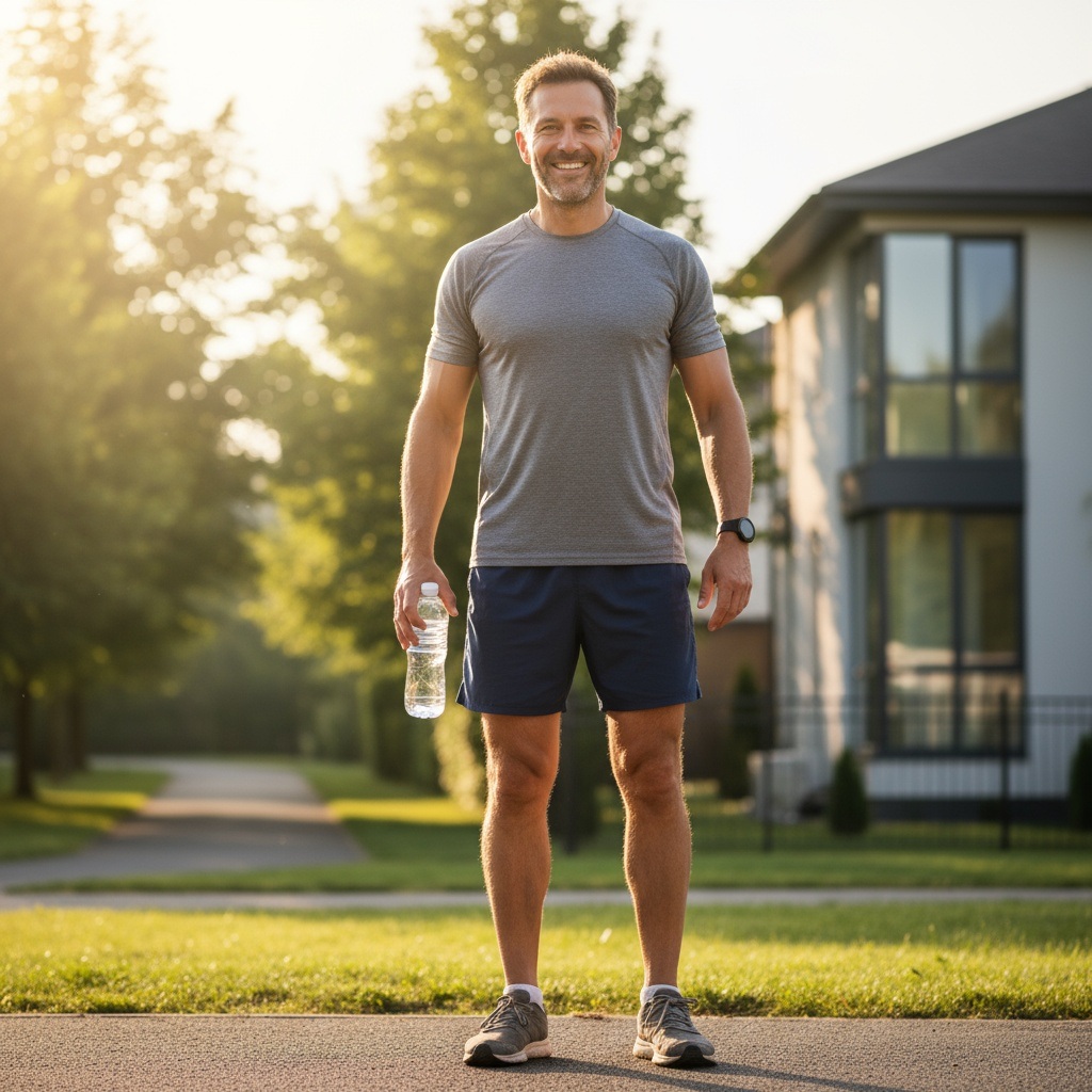 Energized man over 40 outdoors with water bottle showing successful health transformation through nutrition basics and consistent habits