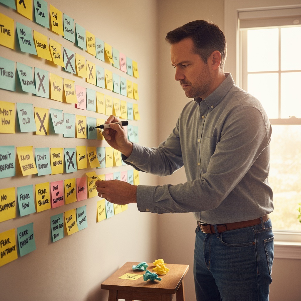 Man in his 40s crossing out obstacle sticky notes on wall including no time, too expensive, and too old excuses