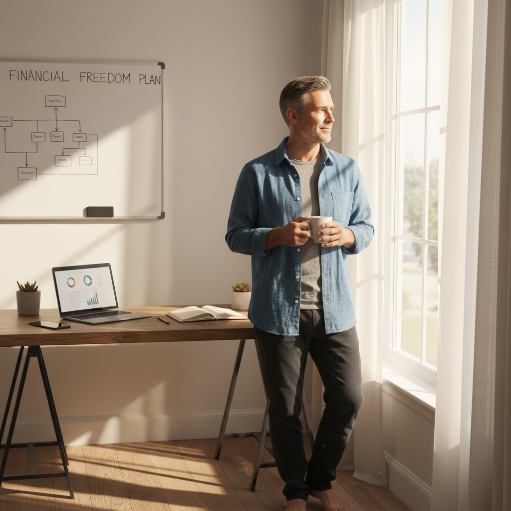 Man in his 40s looking toward future with confidence while planning passive income and financial independence journey