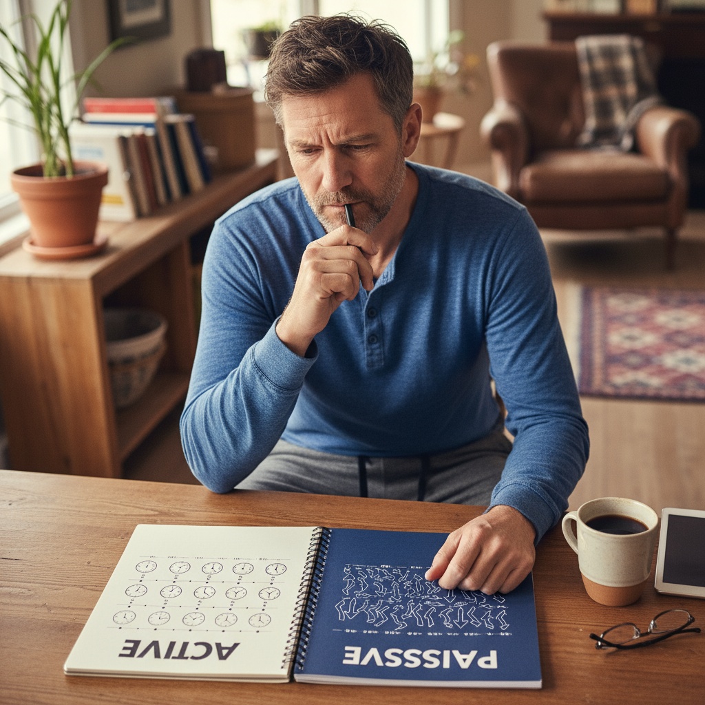 Man in his 40s comparing active income and passive income strategies while planning financial independence at home