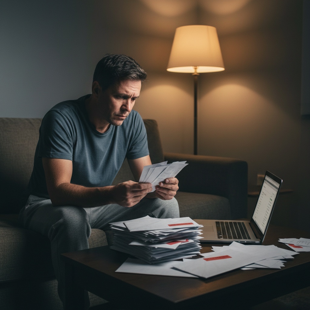 Stressed man in his 40s reviewing bills and credit card statements showing the emotional toll of living paycheck to paycheck