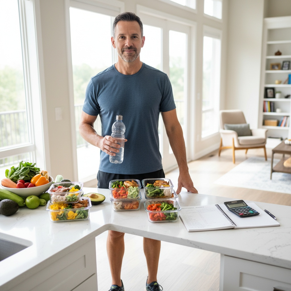 Man in his 40s demonstrating connection between physical fitness, healthy nutrition, and financial planning for mental confidence