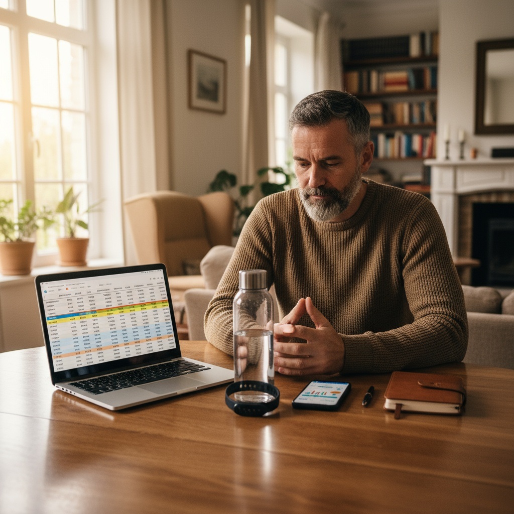 Man in his 40s surrounded by elements representing physical, mental, and financial impacts of life transition and change