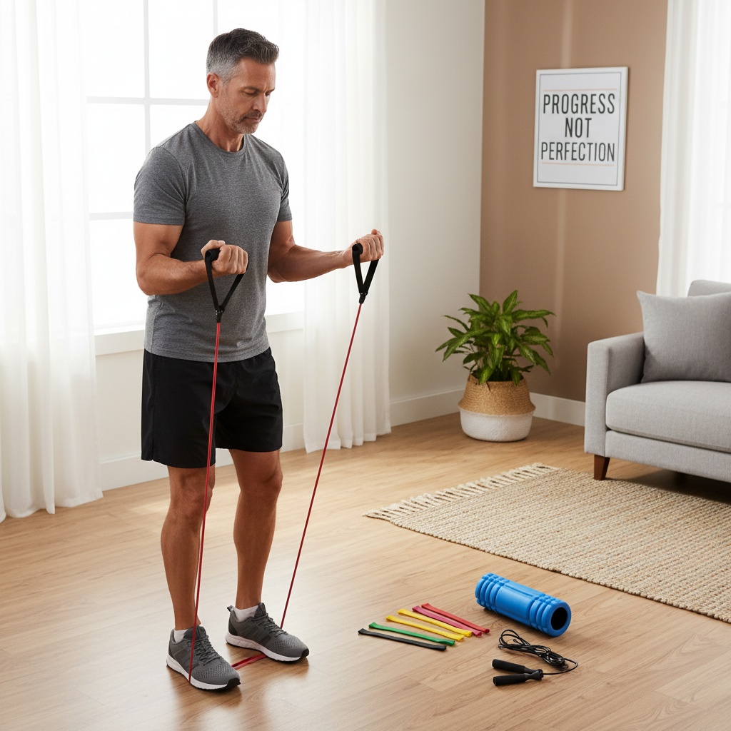 Man over 40 exercising at home with resistance bands, jump rope, and foam roller showing affordable fitness equipment under $40