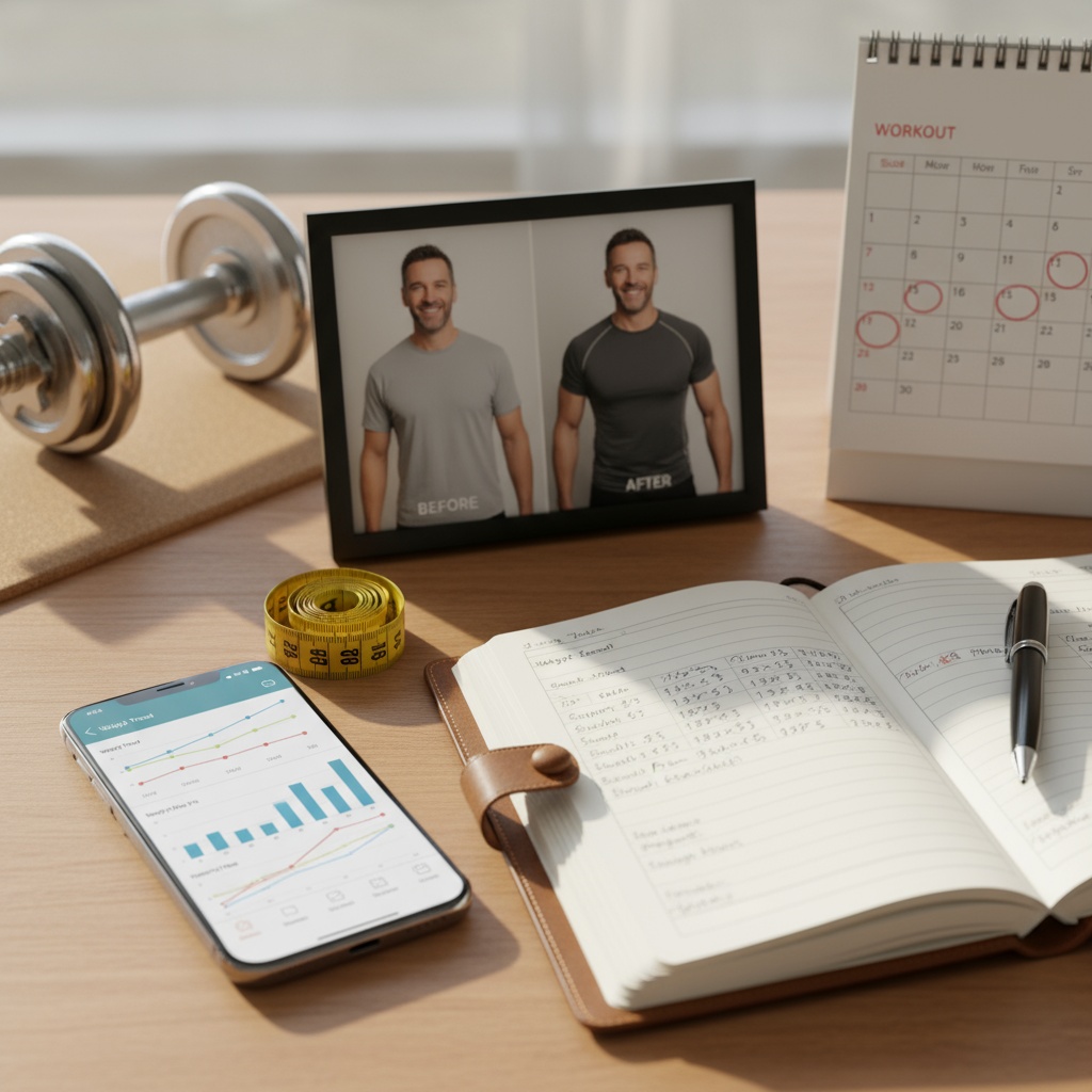 Progress tracking tools for strength training - workout journal, fitness app, measurements and progress photos for men over 40
