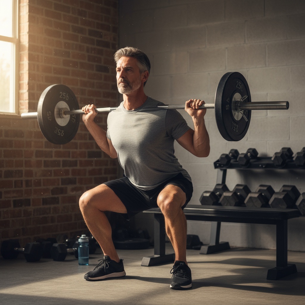 Man in his 40s demonstrating proper squat form with barbell - correct strength training technique for men over 40