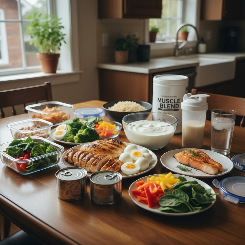 Balanced meal prep with high-protein foods for muscle building after 40 - chicken, eggs, fish, Greek yogurt and vegetables