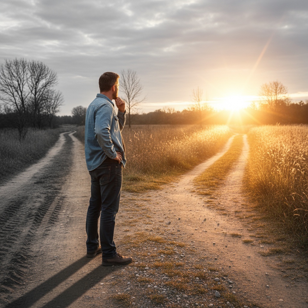Man in his 40s standing at crossroads between familiar path and brighter path of transformation and possibility
