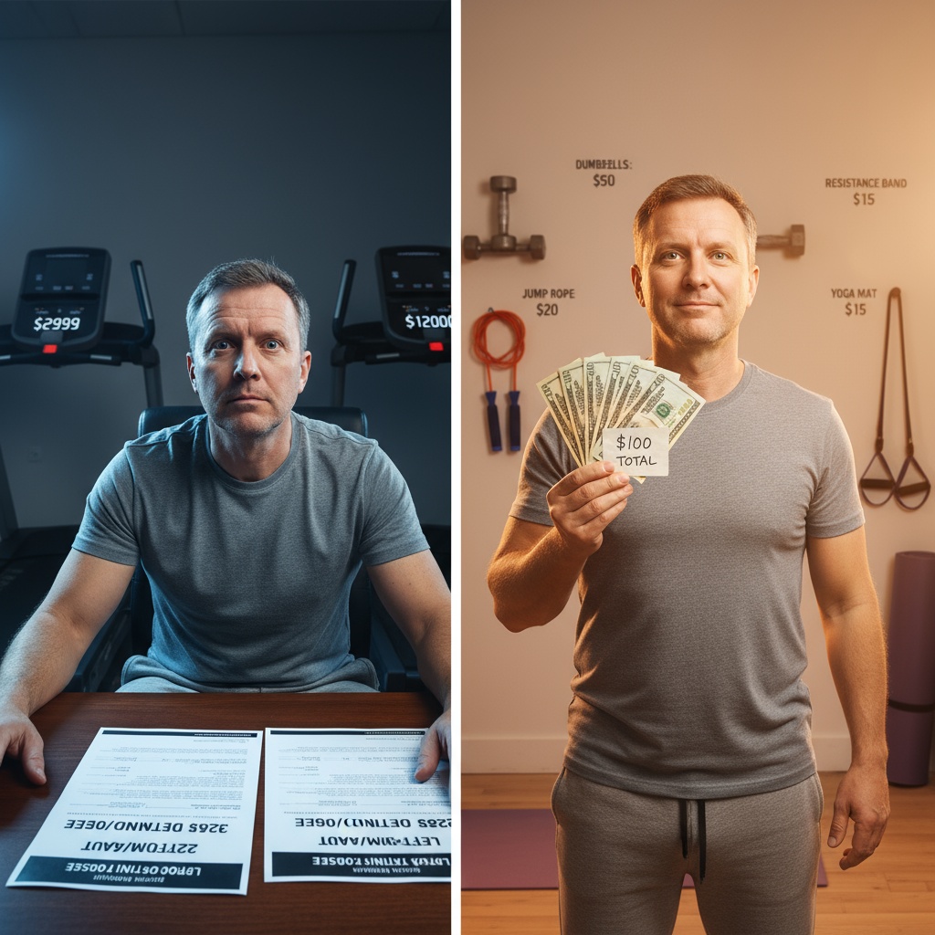 Comparison showing man overwhelmed by expensive fitness costs versus confident with achievable $100 budget for self-improvement