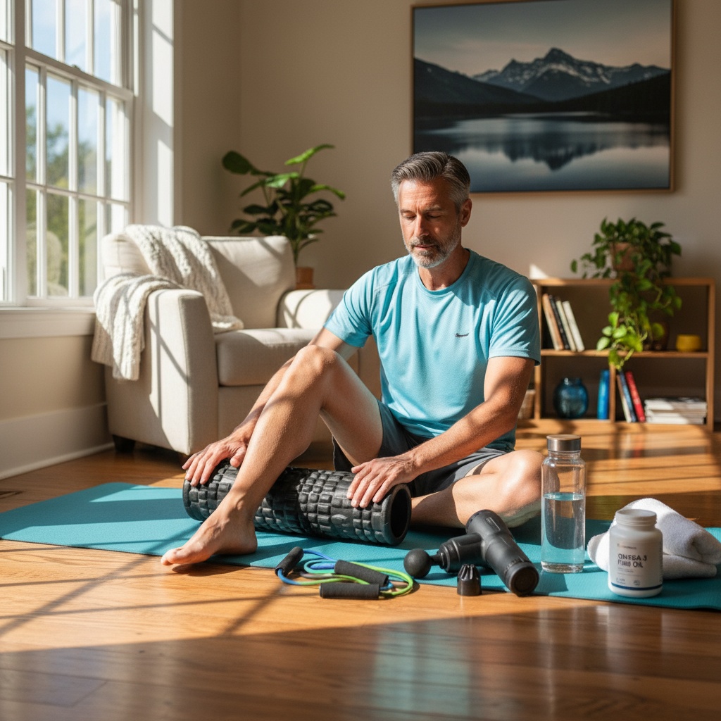 Man in his 40s using foam roller for muscle recovery with joint support supplements and massage tools - recovery essentials for strength training
