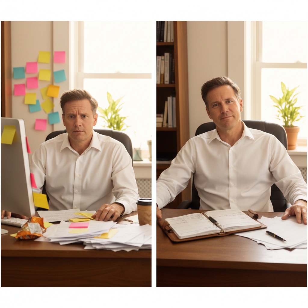 Man reducing overwhelm through simple planning - transforming chaos into organized clarity with weekly reset routine