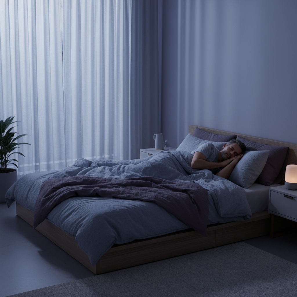 Better sleep for men over 40 - peaceful bedroom scene showing natural sleep solutions and quality rest