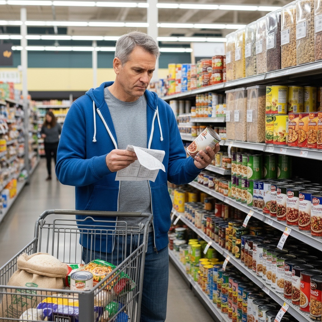Man in his 40s comparing store brand products in grocery store with shopping list and cart full of affordable healthy staples