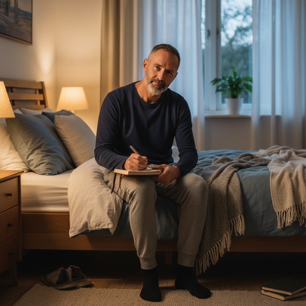 Taking action to sleep better tonight - man starting healthy bedtime routine with journaling and relaxation in calm bedroom environment