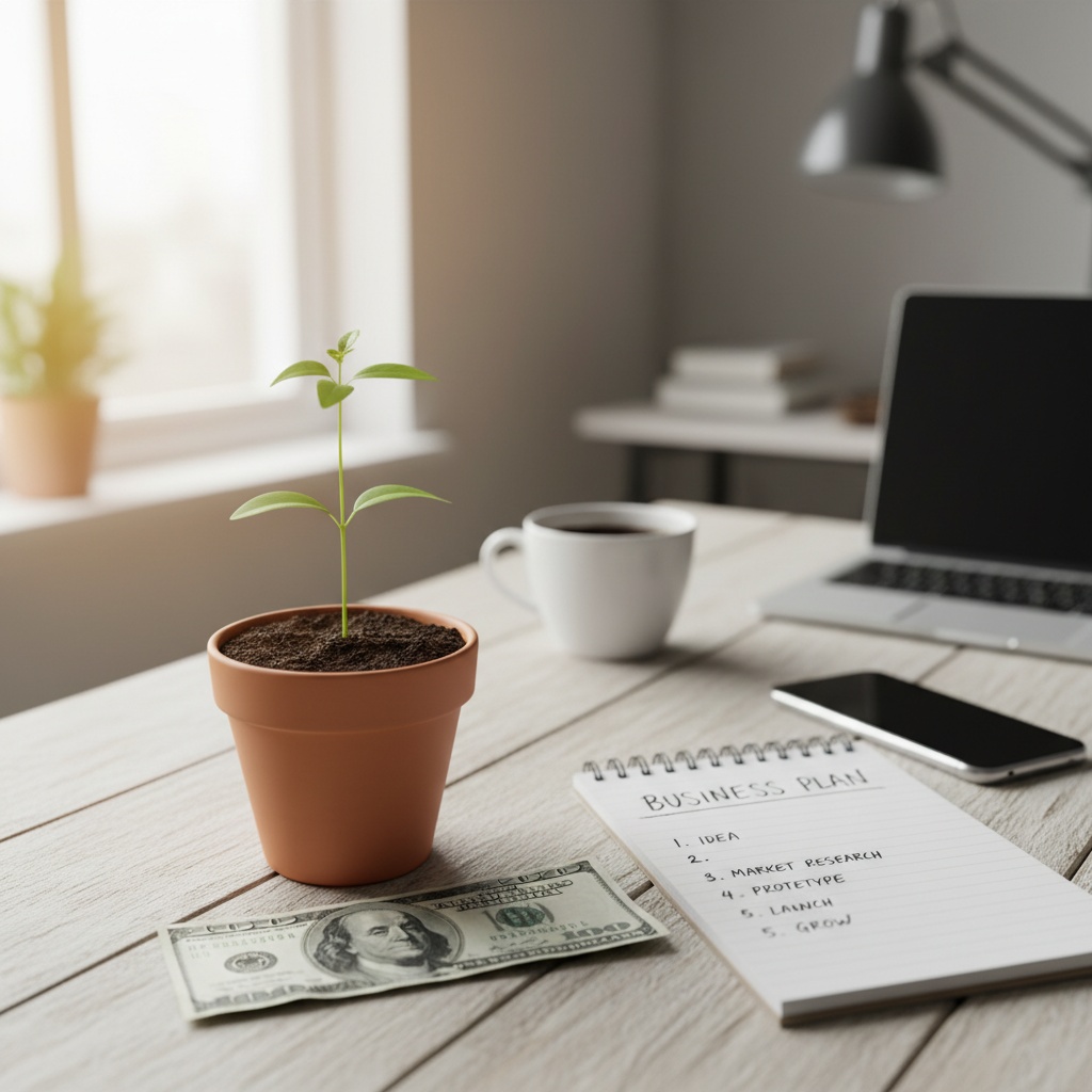 One hundred dollar bill next to seedling plant symbolizing starting a small business with minimal investment and bootstrap approach