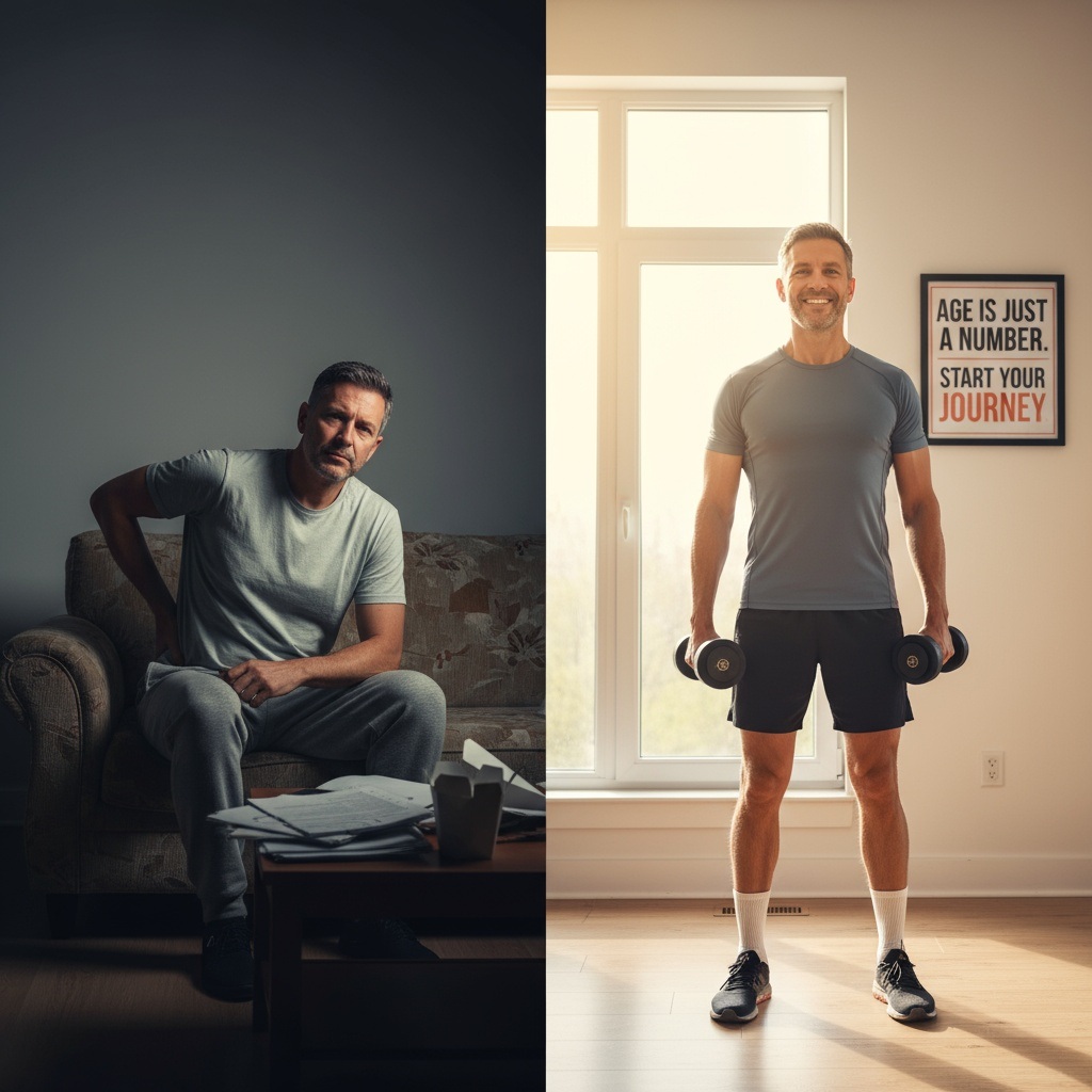 Before and after comparison of man over 40 showing transformation through strength training - tired to energized