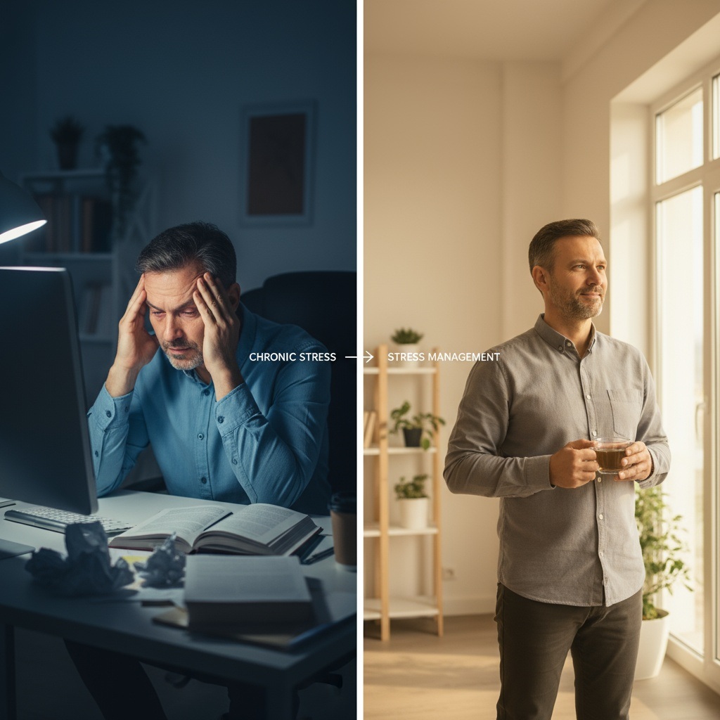 Comparison showing stressed man at desk versus healthy energized man demonstrating the impact of stress management after 40
