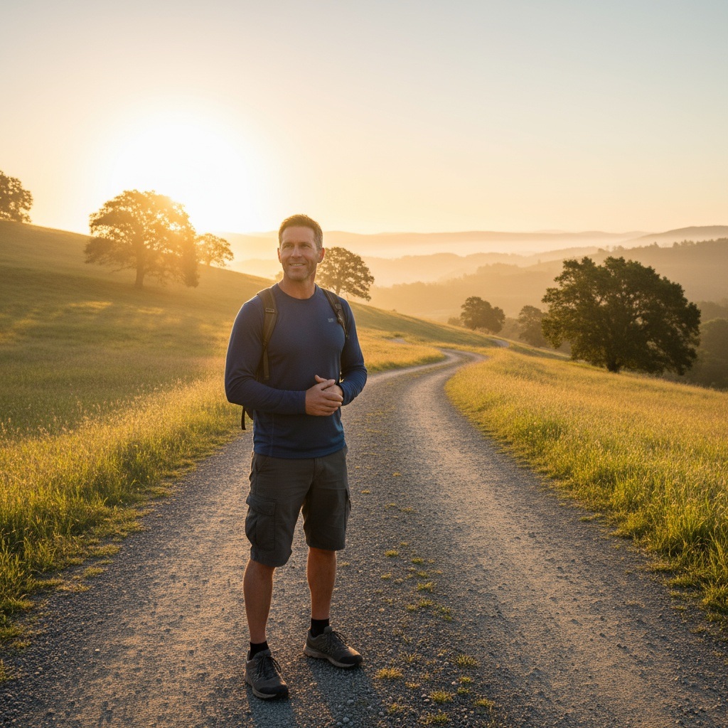 Man in his 40s walking confidently on path forward symbolizing the ongoing journey of building a stress-proof life