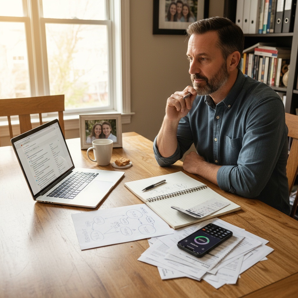 Man in his 40s managing multiple stress scenarios including work, finances, family, and health with calm problem-solving approach
