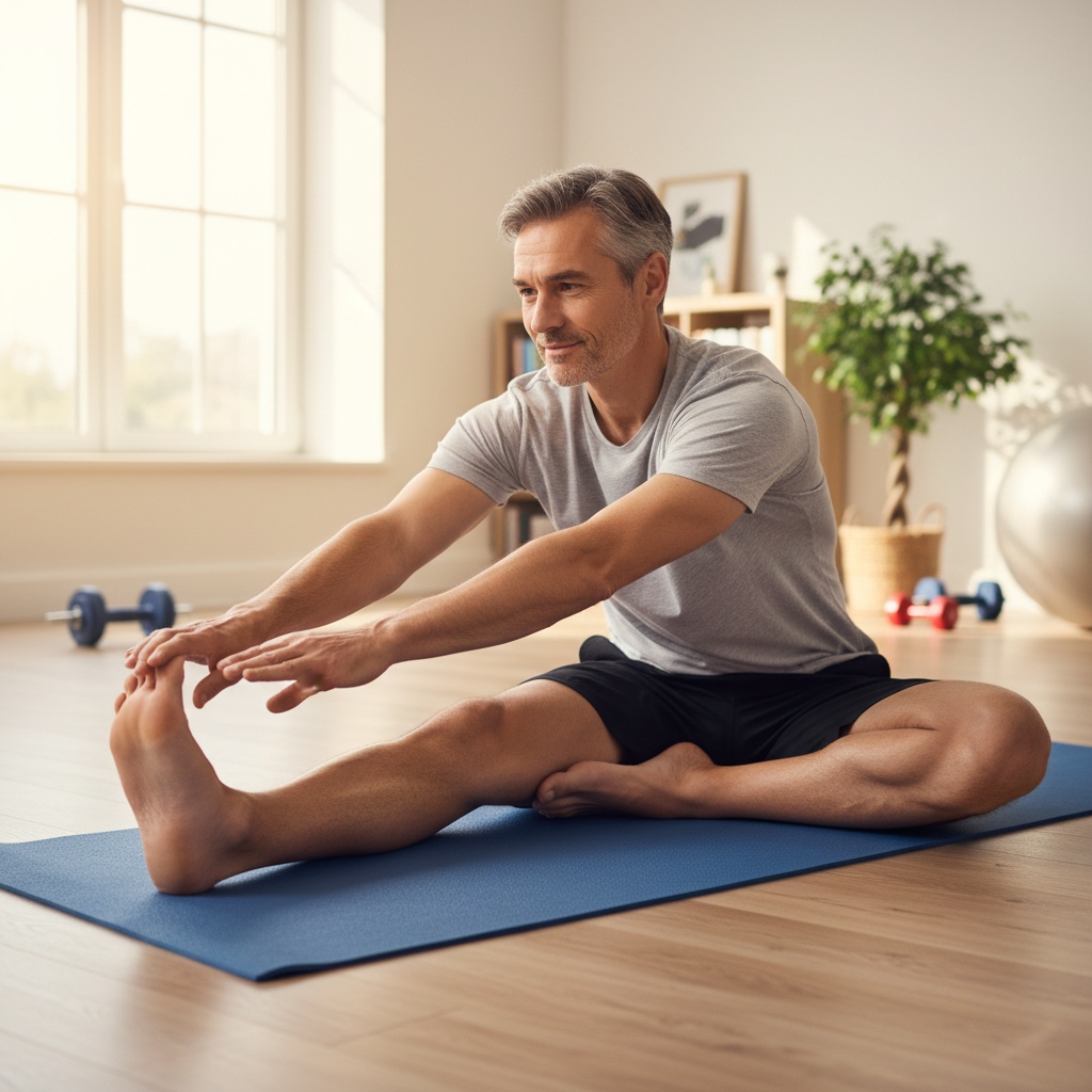Man over 40 performing proper hamstring stretch on yoga mat demonstrating static stretching technique for joint health