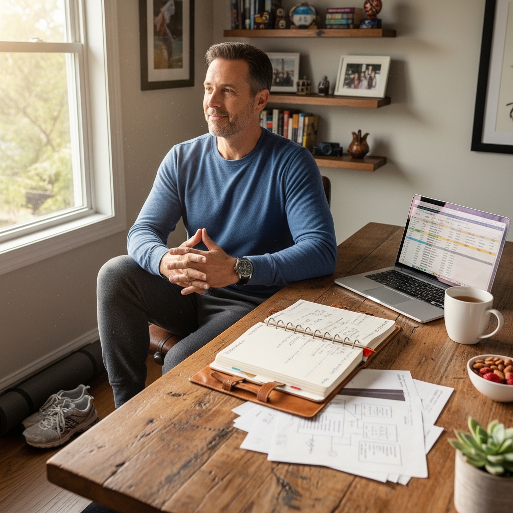 Man achieving balance in physical wellness, mental resilience, and financial independence through Sunday reset routine