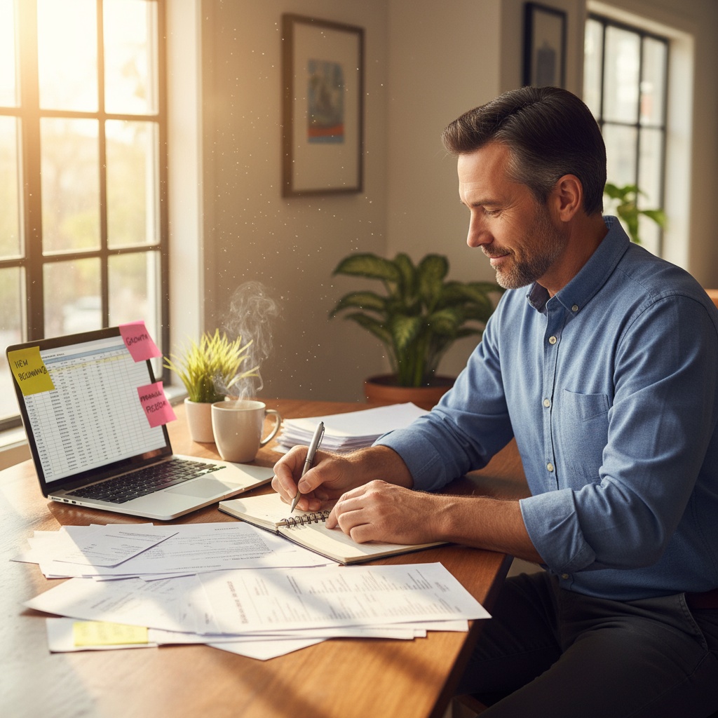 Man in his 40s taking action on finances with notebook and laptop ready to break generational money patterns