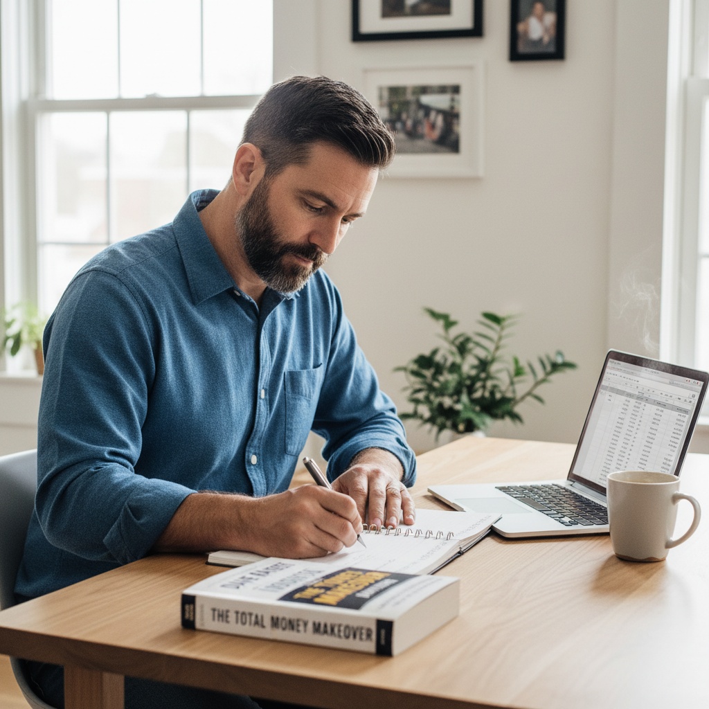 Man in his 40s taking action on financial makeover, writing first budget with The Total Money Makeover book open, showing commitment to debt-free living