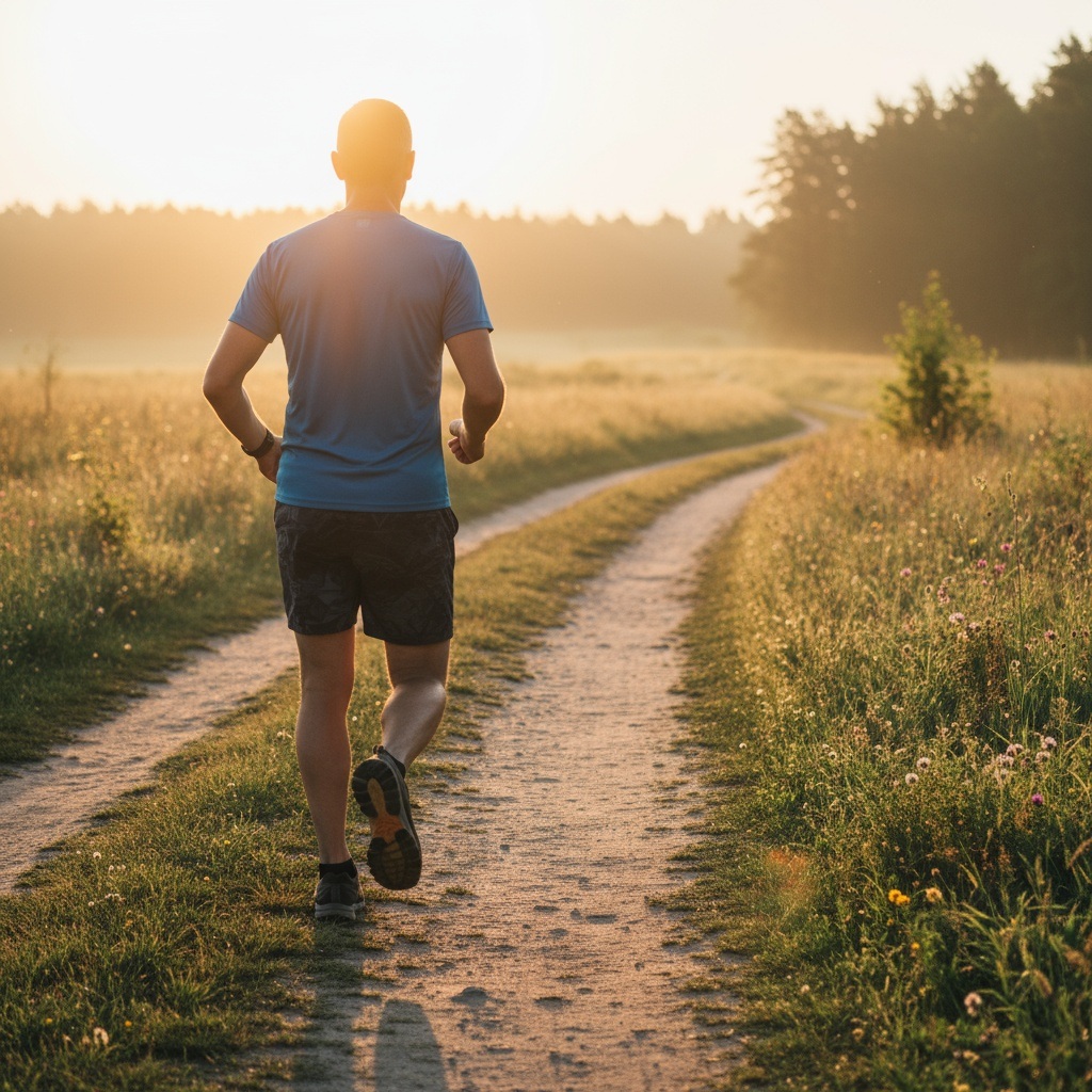 Man in his 40s taking first step on morning path symbolizing beginning of health and wealth transformation journey