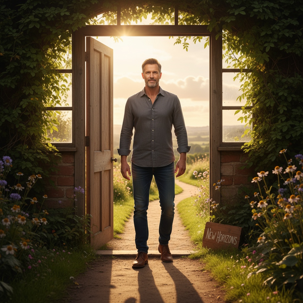 Confident man in his 40s standing at doorway ready to take action on personal growth and positive self-talk transformation