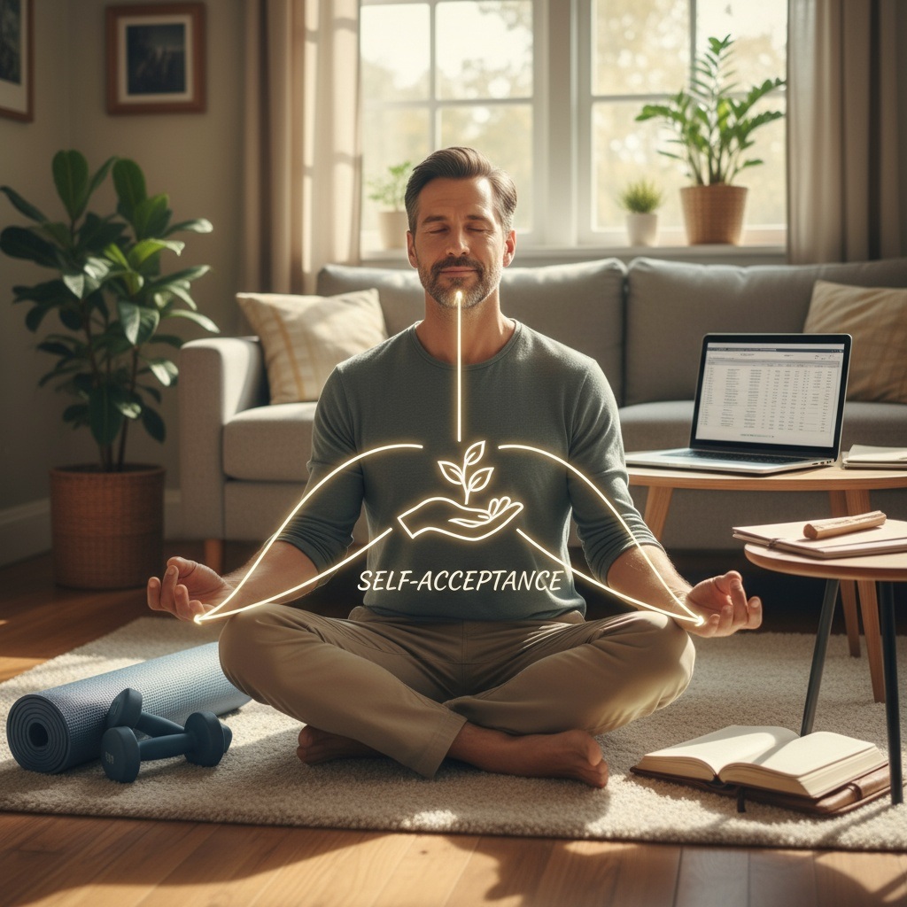 Man in his 40s balancing physical wellness, mental resilience, and financial independence through self-acceptance and wholehearted living