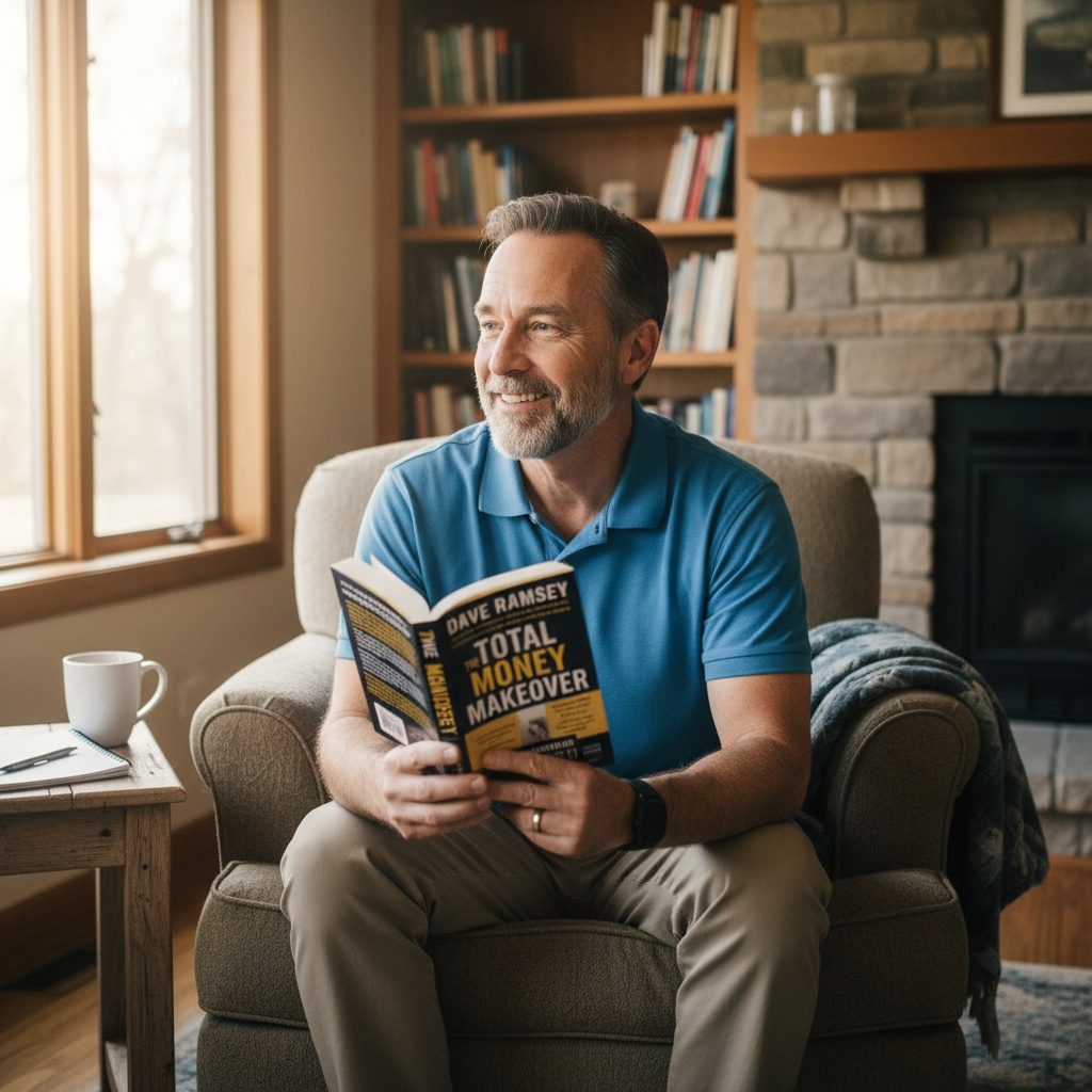 Confident man in his 50s holding The Total Money Makeover book with hopeful smile showing it's never too late for financial independence and debt-free living