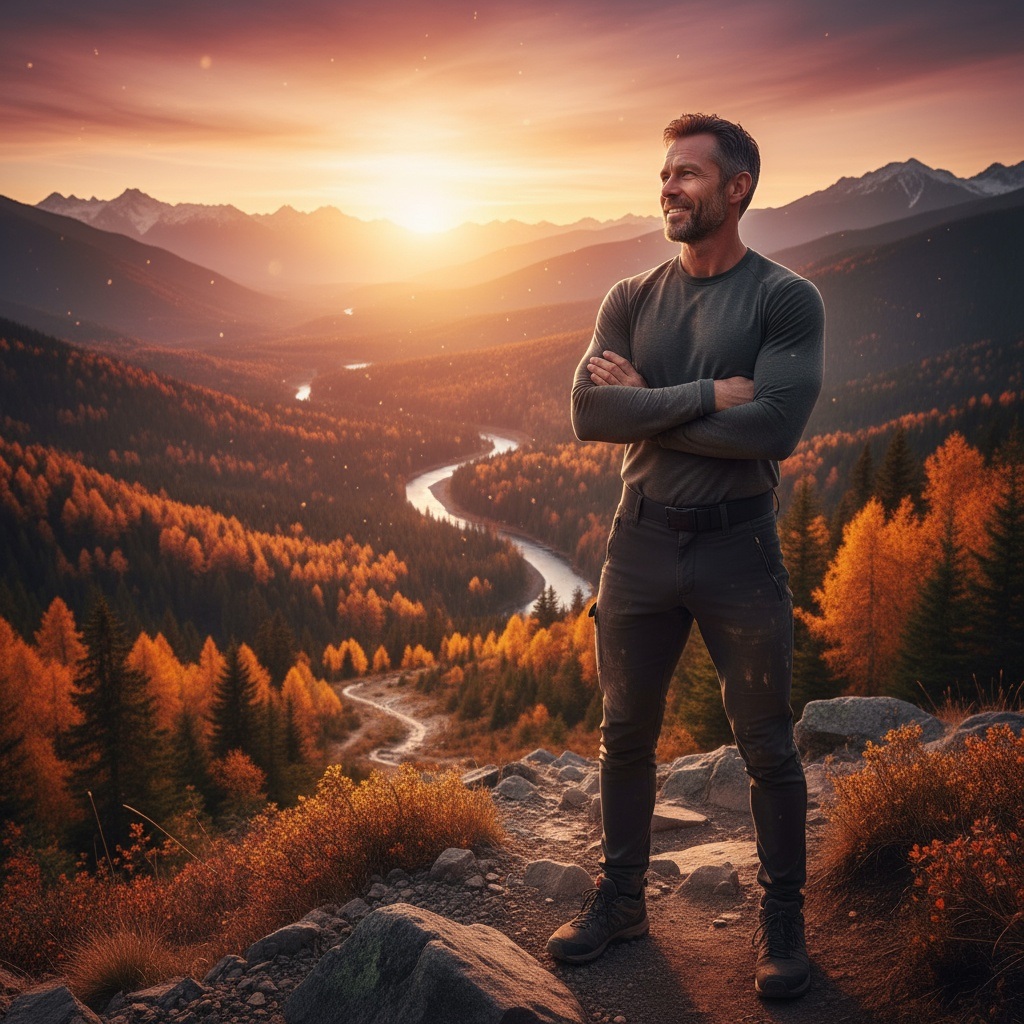 Confident transformed man in his 40s standing on mountain overlook during autumn sunset after completing life transition journey
