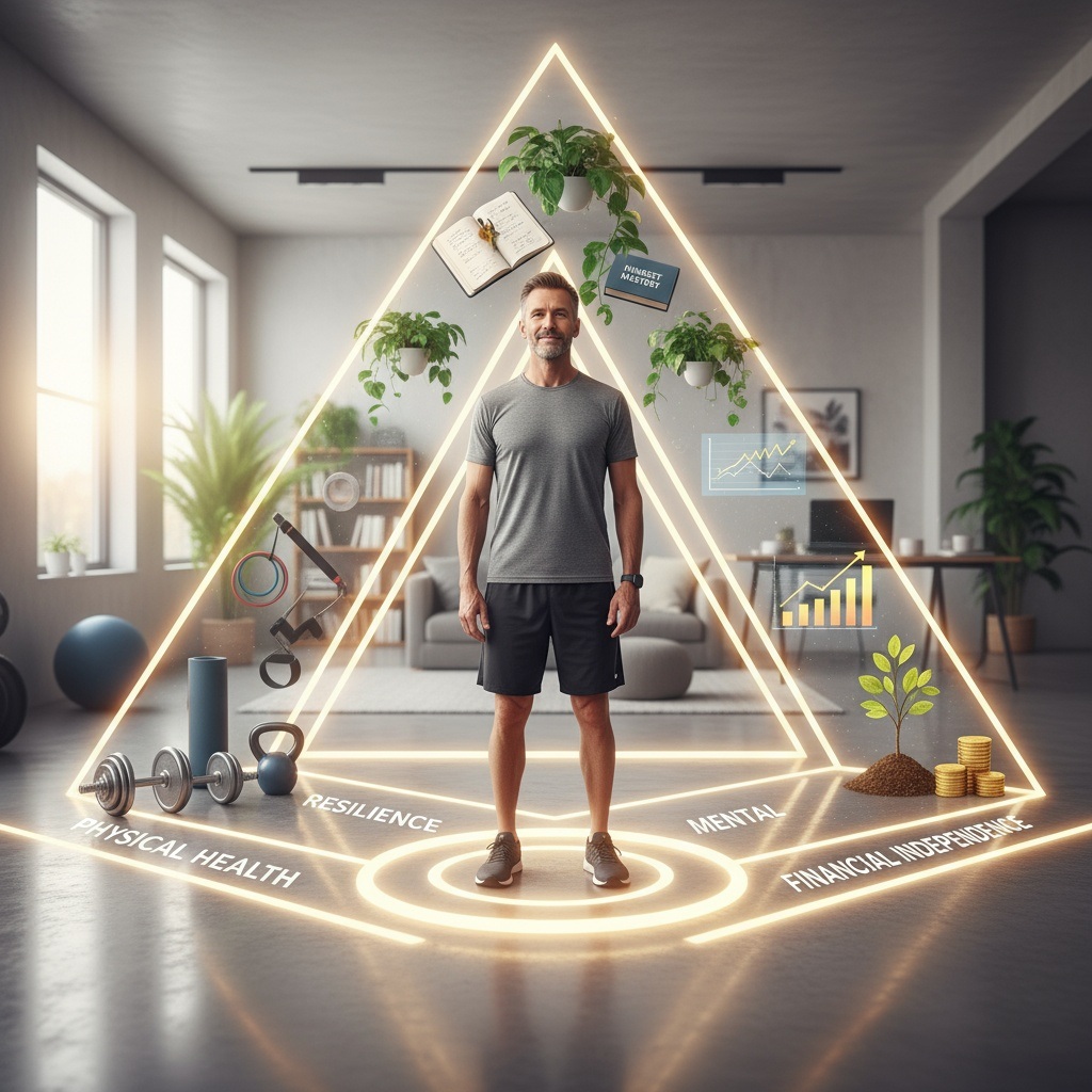 Man in his 40s standing confidently at the center of three wellness pillars representing physical health, mental resilience, and financial independence