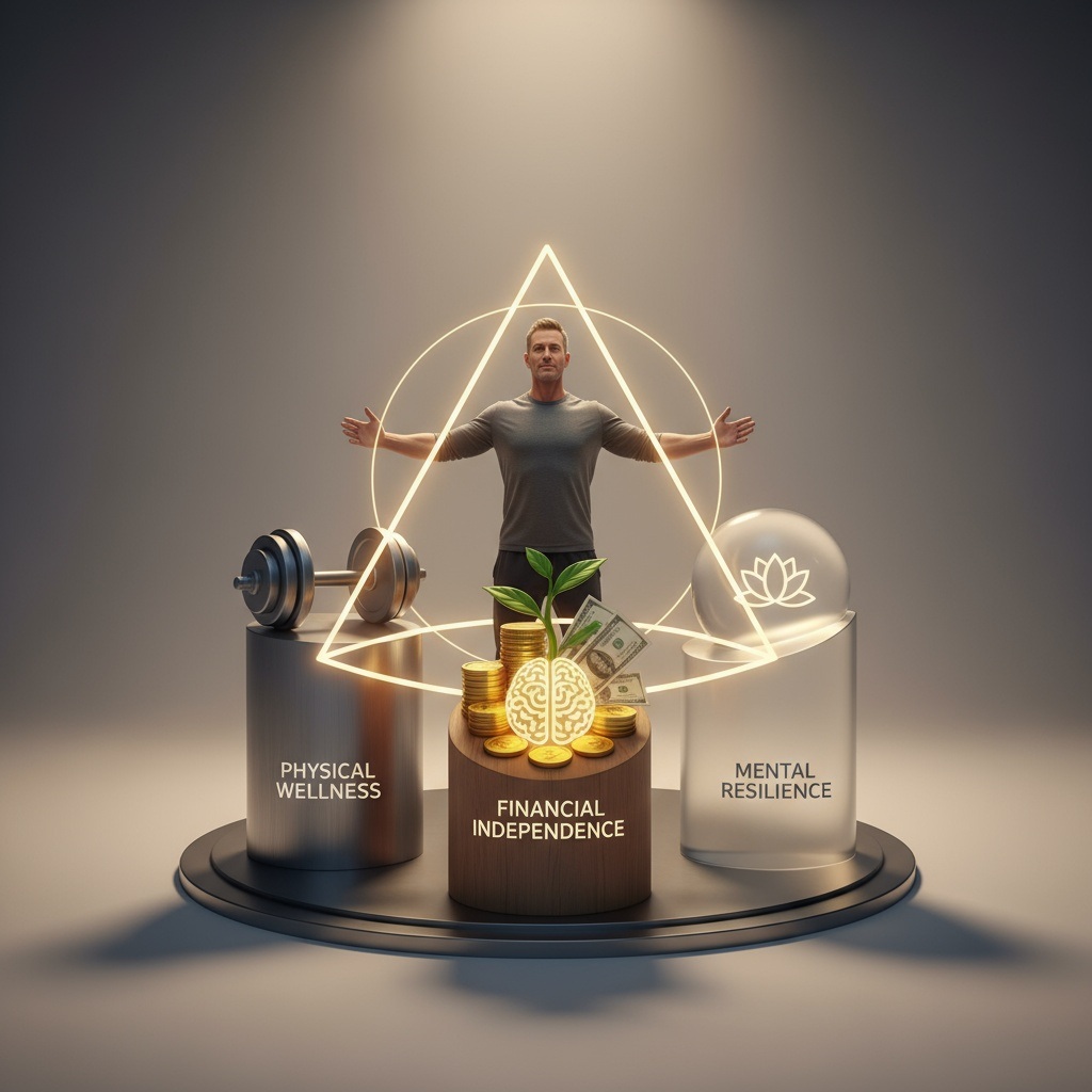 Man in his 40s surrounded by three interconnected pillars representing physical wellness, mental resilience, and financial independence